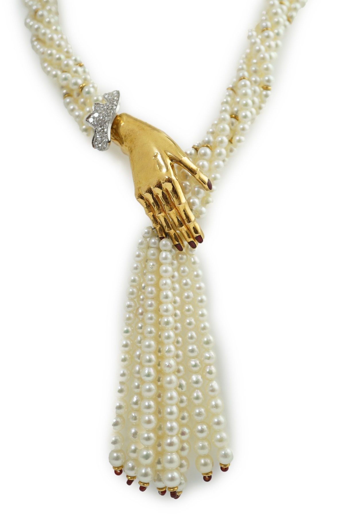 A modern cultured pearl torsade necklace, with gold and diamond cluster set hand clasp